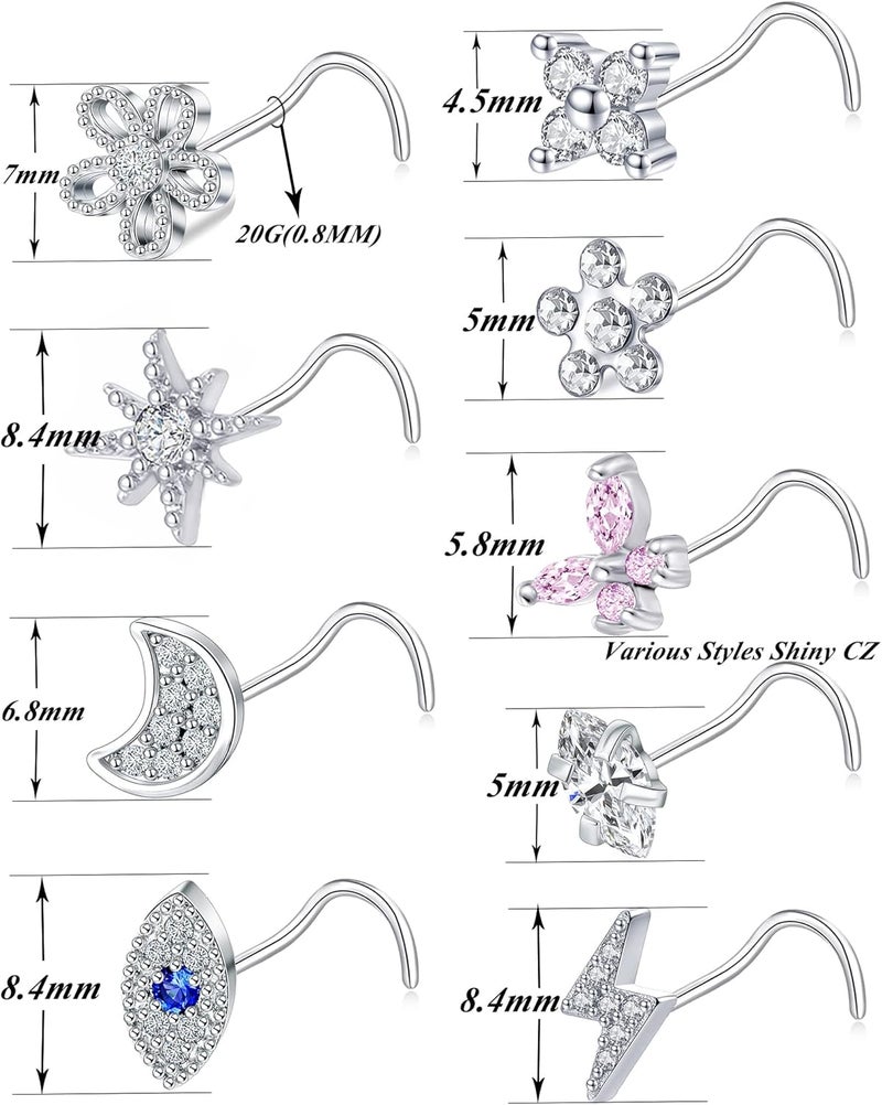 Tornito 9Pcs Nose Rings Stud L Bone Screw Shaped Nose Ring Flower CZ Snowflake Butterfly Screw Nose Stud Body Piercing Jewelry for Women Men 20G Silver Gold Rose Gold Tone - Image 4